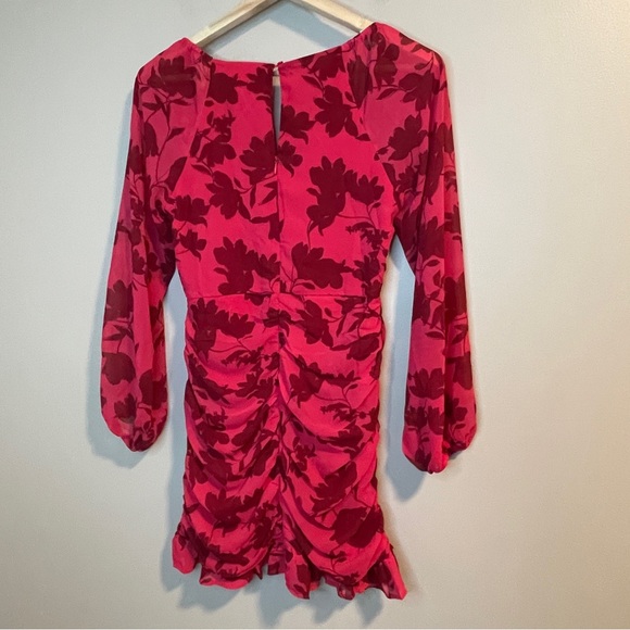 Lush Women’s Long Sleeve Chiffon Floral Mini Dress Raspberry Red Color Size M - Picture 3 of 7